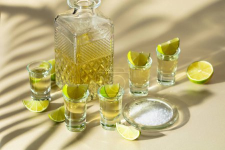 Téléchargez les photos : Tequila avec tranches de sel et de citron vert sur fond jaune. Lumière du soleil vive et ombres longues. - en image libre de droit