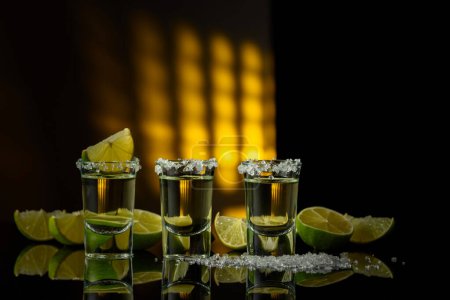 Téléchargez les photos : Tequila dorée avec sel de mer et tranches de citron vert sur fond réfléchissant noir. Espace de copie. - en image libre de droit