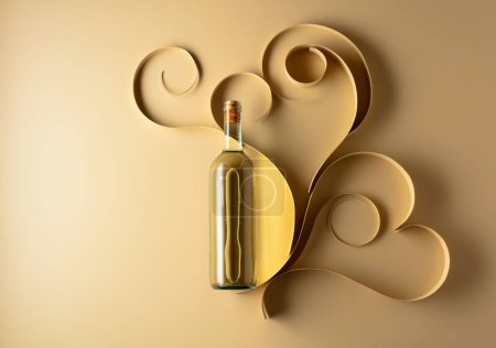 Foto de Botella de vino blanco sobre fondo beige. Vista superior. Copiar espacio. - Imagen libre de derechos