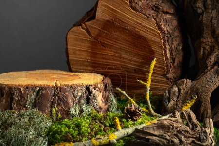 Téléchargez les photos : Composition en bois naturel, mousse et lichen pour la publicité de produits écologiques. Placez votre produit sur une souche de pin. Espace de copie. - en image libre de droit