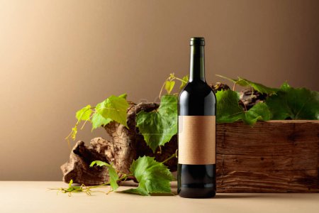 Téléchargez les photos : Bouteille de vin rouge avec vieux bois et branches de vigne. Sur une vieille étiquette vide. Espace de copie. - en image libre de droit