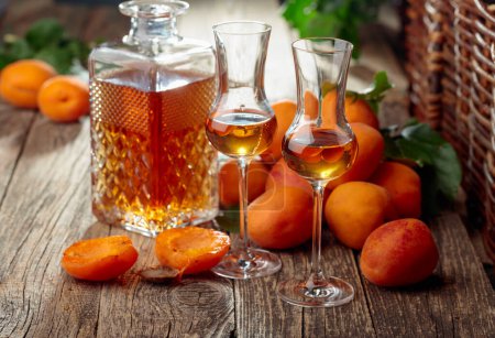 Téléchargez les photos : Liqueur d'abricot et abricots frais sur une vieille table en bois. Vin et fruits juteux sur fond rustique. - en image libre de droit
