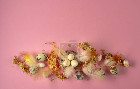 Foto de Composición de Pascua con huevos de codorniz, plumas y flores secas. Vista superior. - Imagen libre de derechos