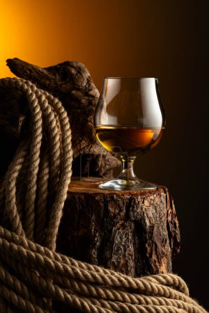 Schnapsschnüffler und Seil auf einem alten Baumstumpf. Glas mit Whiskey, Cognac oder Brandy auf dunklem Hintergrund.