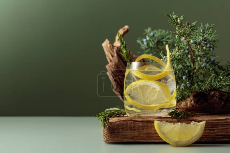 Téléchargez les photos : Cocktail gin-tonic avec glace, citron et romarin dans un verre congelé. Une boisson rafraîchissante avec des branches de genièvre et des chicots sur une vieille planche. Espace de copie. - en image libre de droit