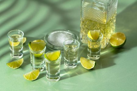 Téléchargez les photos : Tequila avec tranches de sel et de citron vert sur fond vert. Lumière du soleil éclatante et ombres longues. Concept de boissons estivales. - en image libre de droit