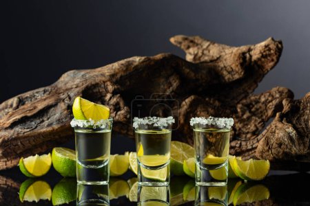 Téléchargez les photos : Tequila d'or avec sel de mer et tranches de citron vert sur un fond de vieux chicots. Fond réfléchissant noir. - en image libre de droit
