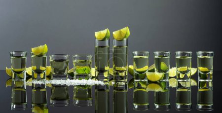 Photo for Tequila shots with lime slices and salt on a grey background. Copy space. - Royalty Free Image