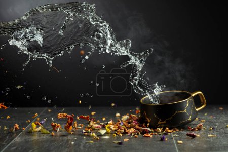 Photo for Black mug with hot water splashes and flying dried medicinal herbs. Herbal tea with medicinal herbs and flowers. Concept of herbal medicine. - Royalty Free Image