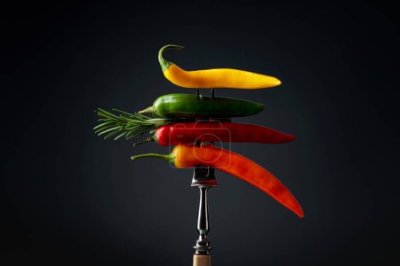 Photo for Hot chili peppers with rosemary on a fork. Concept of spicy food. - Royalty Free Image
