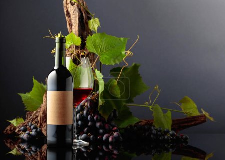 Foto de Copa y botella de vino tinto con uvas azules y ramas de vid. En una botella vieja etiqueta vacía. Copiar espacio. - Imagen libre de derechos