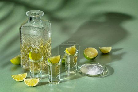 Photo for Tequila with salt and lime slices on a green background. Bright sunlight  and long shadows. Concept of summer drinks. - Royalty Free Image
