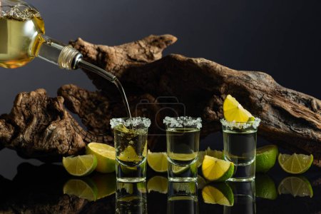Téléchargez les photos : Tequila d'or avec sel de mer et tranches de citron vert sur un fond de vieux chicots. La boisson est versée d'une bouteille dans un verre. Fond réfléchissant noir. - en image libre de droit