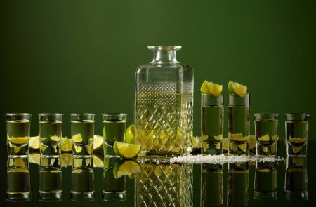Photo for Tequila shots with lime slices and salt on a green background. Copy space. - Royalty Free Image