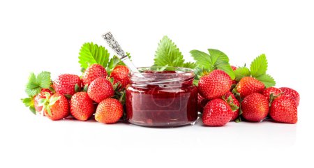 Photo for Strawberry jam in a small jar and fresh berries with leaves isolated on a white background. - Royalty Free Image