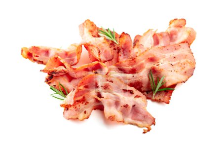 Photo for Fried bacon slices with rosemary isolated on white background. - Royalty Free Image