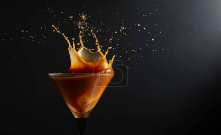 Photo for Chocolate martini drink with splashes on a black background. Copy space. - Royalty Free Image