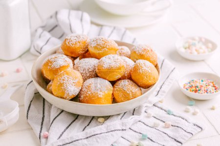 Photo for Cottage cheese donuts balls with sugar in a bowl. Healthy curd dessert. - Royalty Free Image