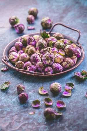 Foto de Brotes de Bruselas verdes y púrpura crudos orgánicos en un tazón, listos para cocinar - Imagen libre de derechos
