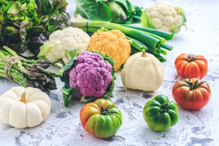 Photo for Assortment of fresh organic vegetables with green asparagus, lettuce,  cauliflower, tomato, pumpkin and green onion - Royalty Free Image