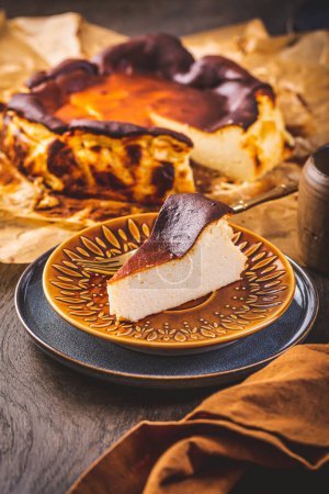 Photo for Homemade Basque Burnt Cheesecake (San Sebastian Basque Cheesecake). this is the cheesecake that wants to get burnt and cracked. - Royalty Free Image