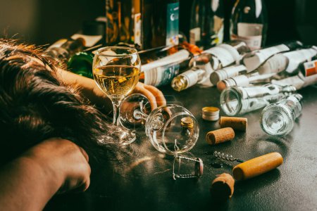 Téléchargez les photos : Après la fête bouteilles vides, concept d'alcoolisme, d'abus d'alcool et de dépendance - en image libre de droit