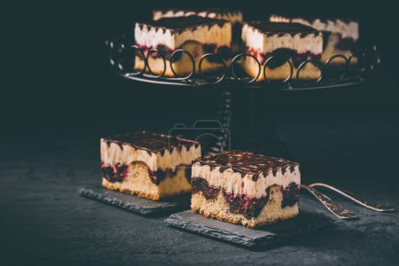Photo for German cake Donauwelle (Danube waves) - vanilla and chocolate sponge cake with sour cherries, vanilla buttercream and chocolate icing - Royalty Free Image