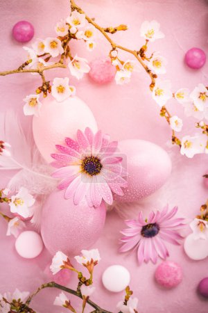 Photo for Easter eggs and pink flowers on pink background. Easter, and spring concept - Royalty Free Image
