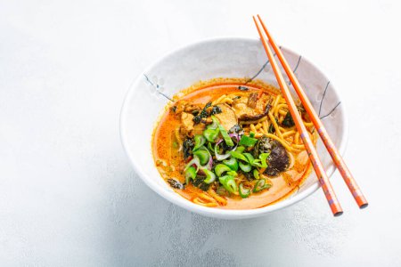 Téléchargez les photos : Soupe thaïlandaise aux nouilles au curry rouge avec shiitake, lait de coco et oignons verts - en image libre de droit