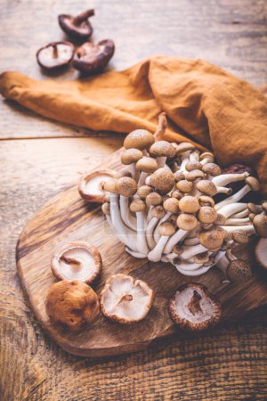 Téléchargez les photos : Champignons shimeji bruns crus et shiitake sur planche à découper, champignons comestibles - en image libre de droit