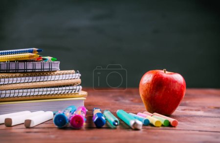 Photo for Back to school concept - School stationary with blackboard - Royalty Free Image