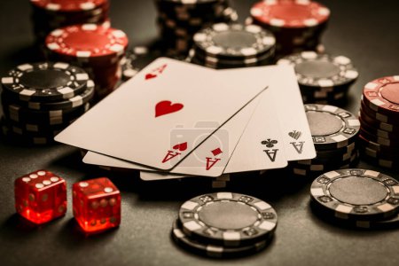 Photo for Poker cards and chips on black background, gambling casino table - Royalty Free Image