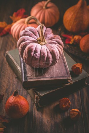 Foto de Concepto de cosecha de otoño o otoño con calabazas y libros vintage sobre fondo de madera oscura - Imagen libre de derechos