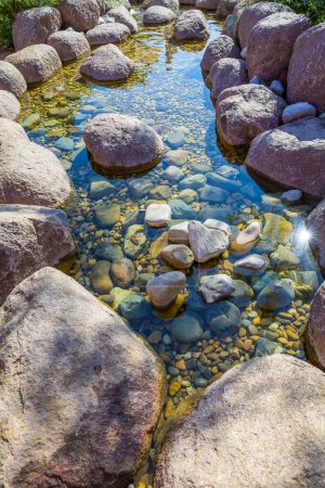 Téléchargez les photos : Petit étang dans un jardin comme élément d'aménagement paysager avec roche, cailloux et gravier - en image libre de droit