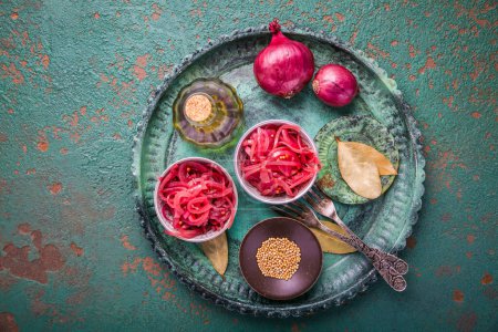 Photo for Homemade pickled sliced red onions with ingredients - Royalty Free Image