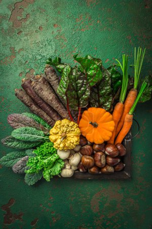 Foto de Verduras orgánicas crudas de otoño e invierno en la mesa de la cocina con zanahorias, castañas, acelgas, col rizada - Imagen libre de derechos