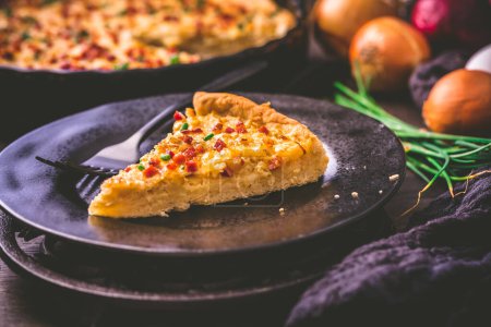 Photo for Homemade onion cake with bacon, traditional German savory onion pie (Zwiebelkuchen) - Royalty Free Image