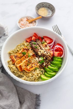 Photo for Healthy bowl with cauliflower rice, enoki mushrooms, chicken and vegetables. Keto/Paleo diet menu, low carb. - Royalty Free Image