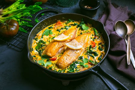 Foto de Curry rojo con espinacas, leche de coco y pescado al horno en una sartén - Imagen libre de derechos