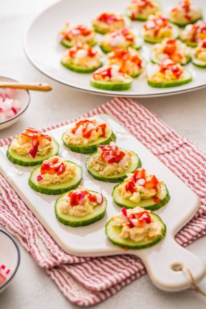 Photo for Cucumber appetizers with tuna and salmon spread with radish, fingerfood, healthy bits - Royalty Free Image