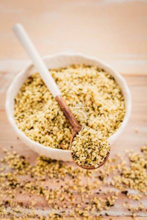 Photo for Shelled hemp seeds as superfoods , supplement for eat with fiber and omega 3 - Royalty Free Image