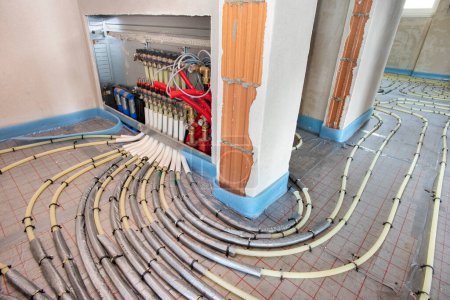 Photo for Underfloor heating system in construction of new residential house - Royalty Free Image