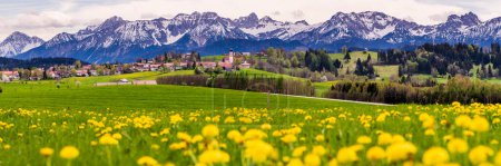 Téléchargez les photos : Vue panoramique sur paysage rural avec chaîne de montagnes au printemps - en image libre de droit