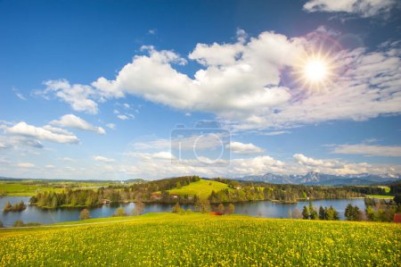 Téléchargez les photos : Vue panoramique sur le paysage rural avec chaîne de montagnes et prairie au printemps - en image libre de droit