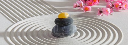 Photo for Japanese Zen garden with stone in textured sand - Royalty Free Image