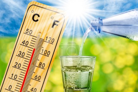 Photo for Thermometer shows high temperature in summer heat and bottle with water and drinking glass - Royalty Free Image