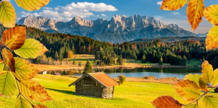 Photo for Panoramic view to rural landscape with mountain range and lake at autumn - Royalty Free Image