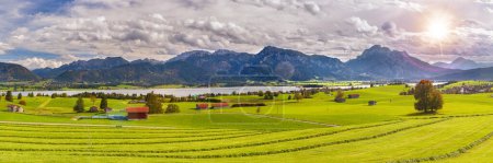 Téléchargez les photos : Paysage panoramique et nature avec lac Forggensee et chaîne de montagnes des Alpes en Bavière, Allemagne - en image libre de droit