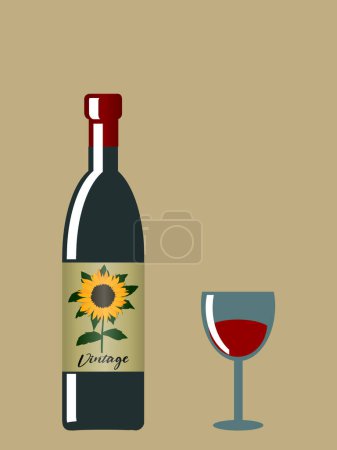 Téléchargez les illustrations : Bouteille de vin avec étiquette décorée avec tournesol et texte vintage et verre à vin avec vin rouge sur fond brun clair rétro - en licence libre de droit