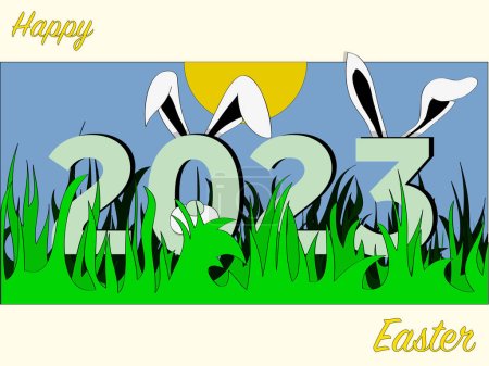 Téléchargez les illustrations : Heureux Pâques panneau horizontal 2023 avec oreilles de lapin et nez Herbe et ciel dessins animés style et texte décoratif - en licence libre de droit